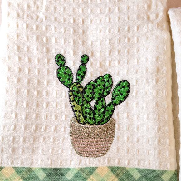 4 Cactus Kitchen Towels Lavien Embroidered Waffle Cotton Blend 16x24 Green Plaid - Picture 5 of 11
